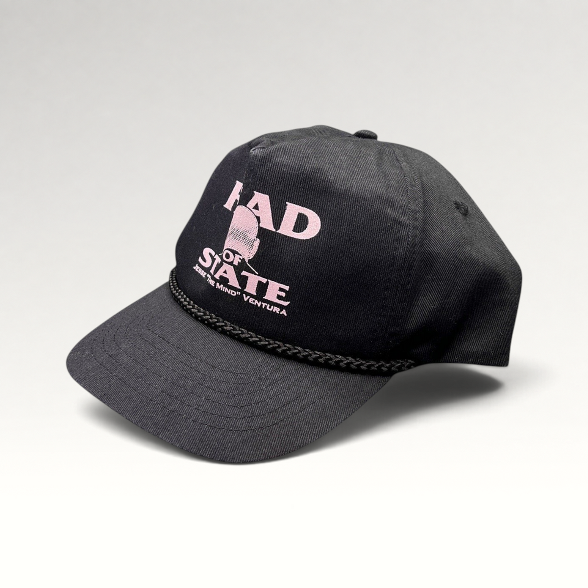 Raree Finds vintage black cotton twill snapback with pink Head of State Jesse Ventura graphic and black rope trim