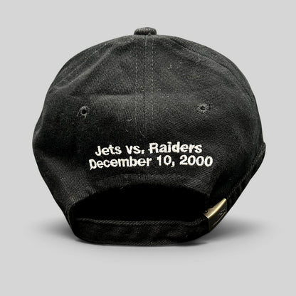 Raree Finds vintage black cotton strapback hat with Jets vs Raiders December 10 2000 embroidery on the back