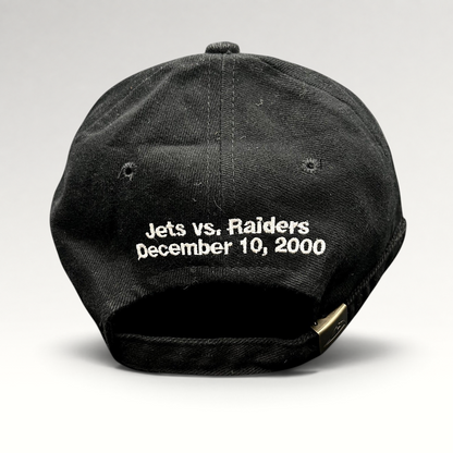 Raree Finds vintage black cotton strapback hat with Jets vs Raiders December 10 2000 embroidery on the back
