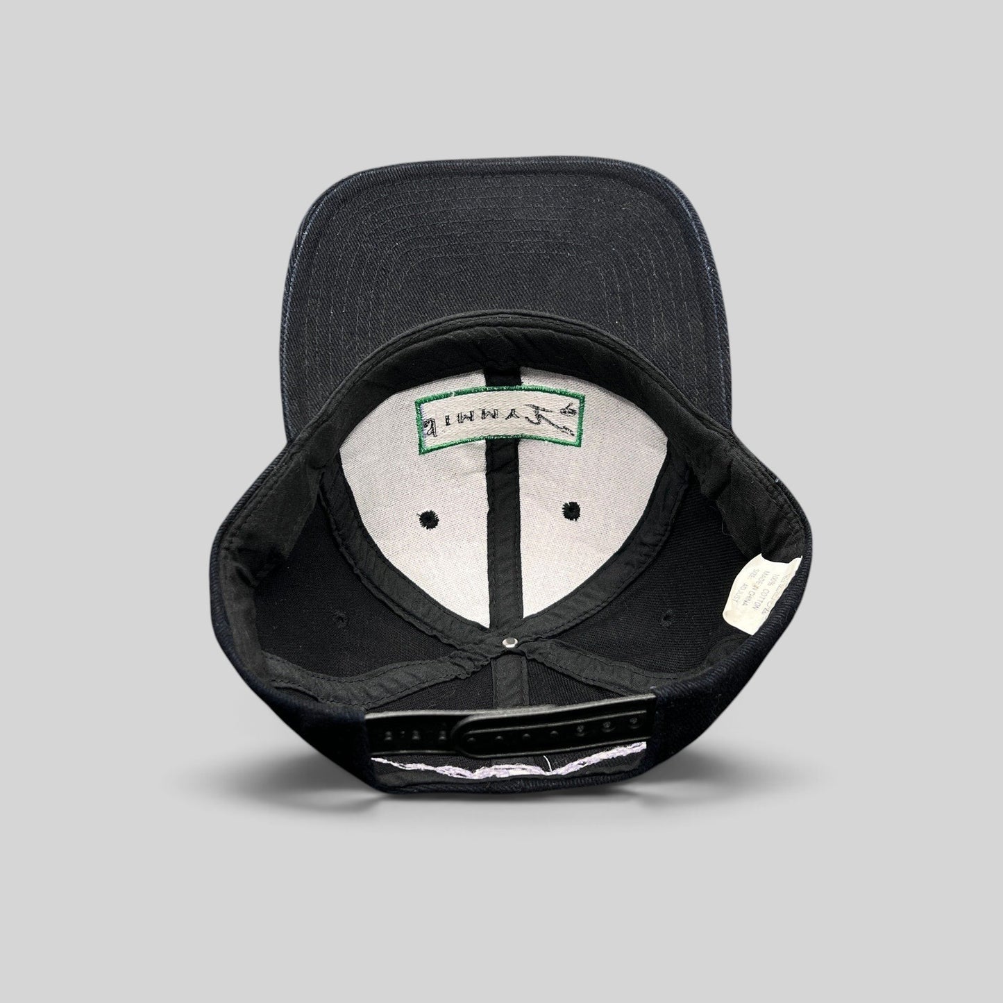 Raree Finds vintage Jimmy V charity snapback hat interior view showing embroidered quote on white cotton lining