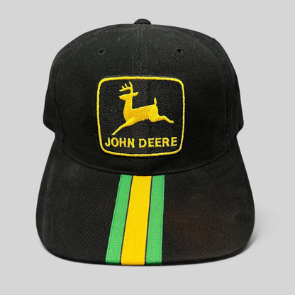 Raree Finds vintage black John Deere NASCAR strapback hat with yellow embroidered logo and green racing stripe brim