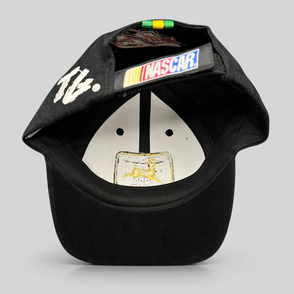 Raree Finds vintage black John Deere NASCAR strapback hat with yellow logo embroidery and racing stripe brim detail