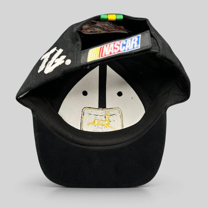Raree Finds vintage black John Deere NASCAR strapback hat with yellow logo embroidery and racing stripe brim detail
