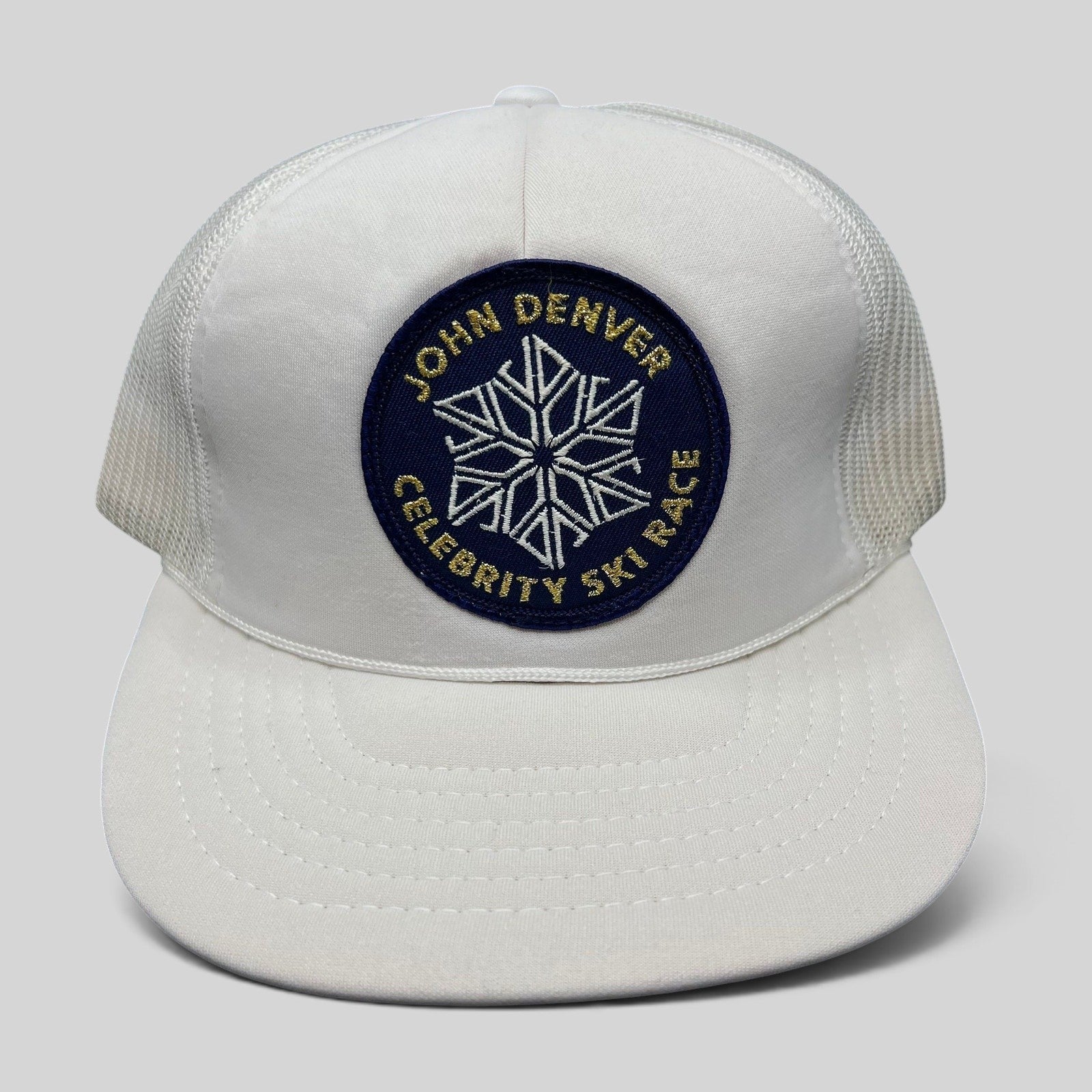 Raree Finds vintage 80s John Denver Celebrity Ski Race white foam trucker hat with embroidered snowflake patch