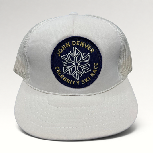 Raree Finds vintage 80s John Denver Celebrity Ski Race white foam trucker hat with embroidered snowflake patch