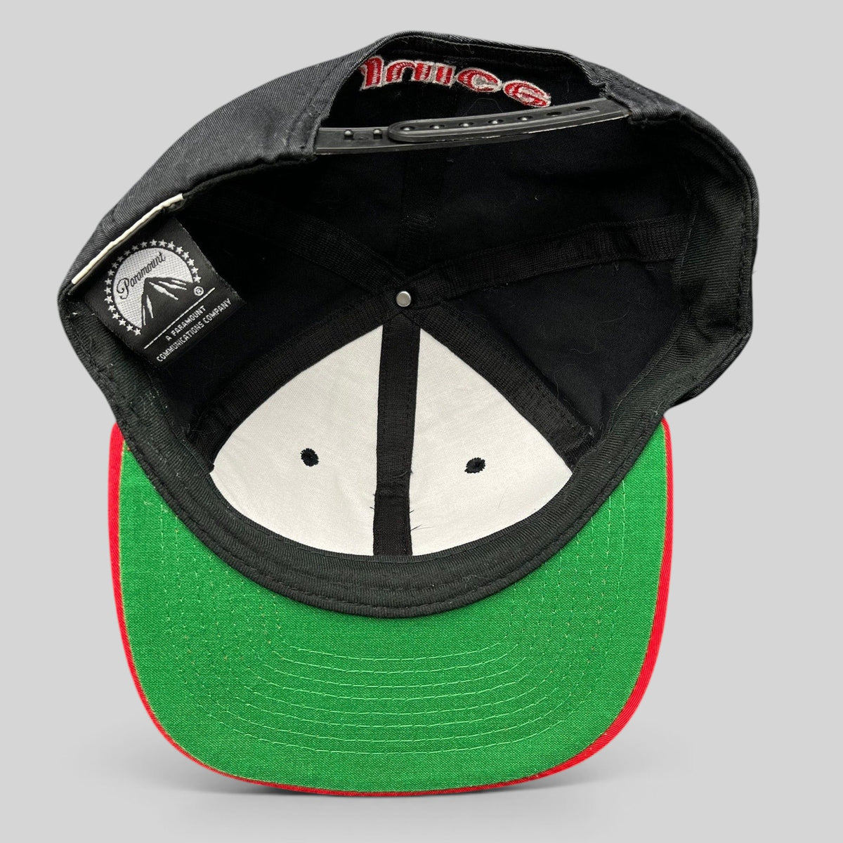 Raree Finds vintage 1992 Juice movie promo snapback hat with Paramount label, black crown, and green undervisor.