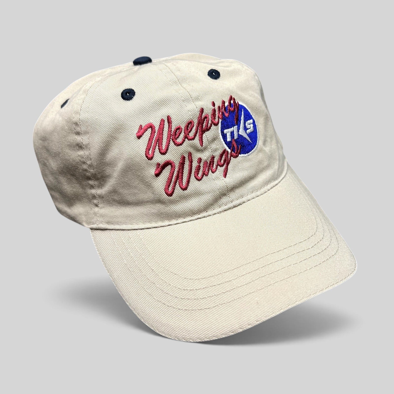 Raree Finds vintage khaki cotton strapback cap with Weeping Wing TKS aviation embroidery on the front