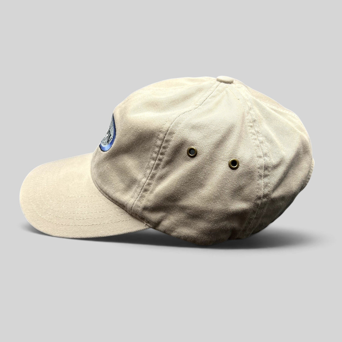 Raree Finds vintage khaki Richardson cotton strapback hat with Brunton logo embroidery and navy underbrim
