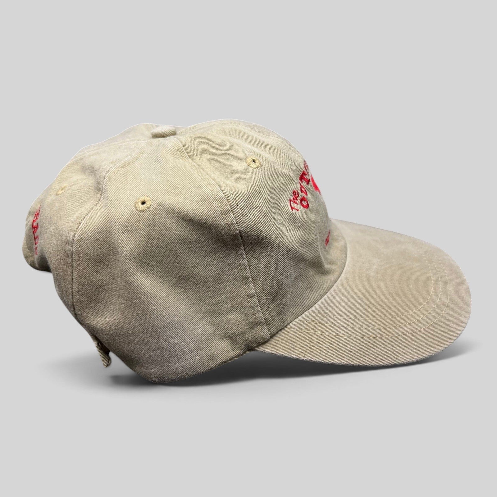 Raree Finds vintage khaki cotton twill strapback hat with red The Outfitters Snowmass Colorado fishing logo embroidery
