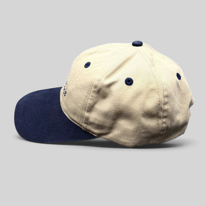Raree Finds vintage Morning Fresh Farms snapback hat in khaki and navy with a structured six-panel design.
