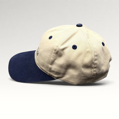 Raree Finds vintage Morning Fresh Farms snapback hat in khaki and navy with a structured six-panel design.