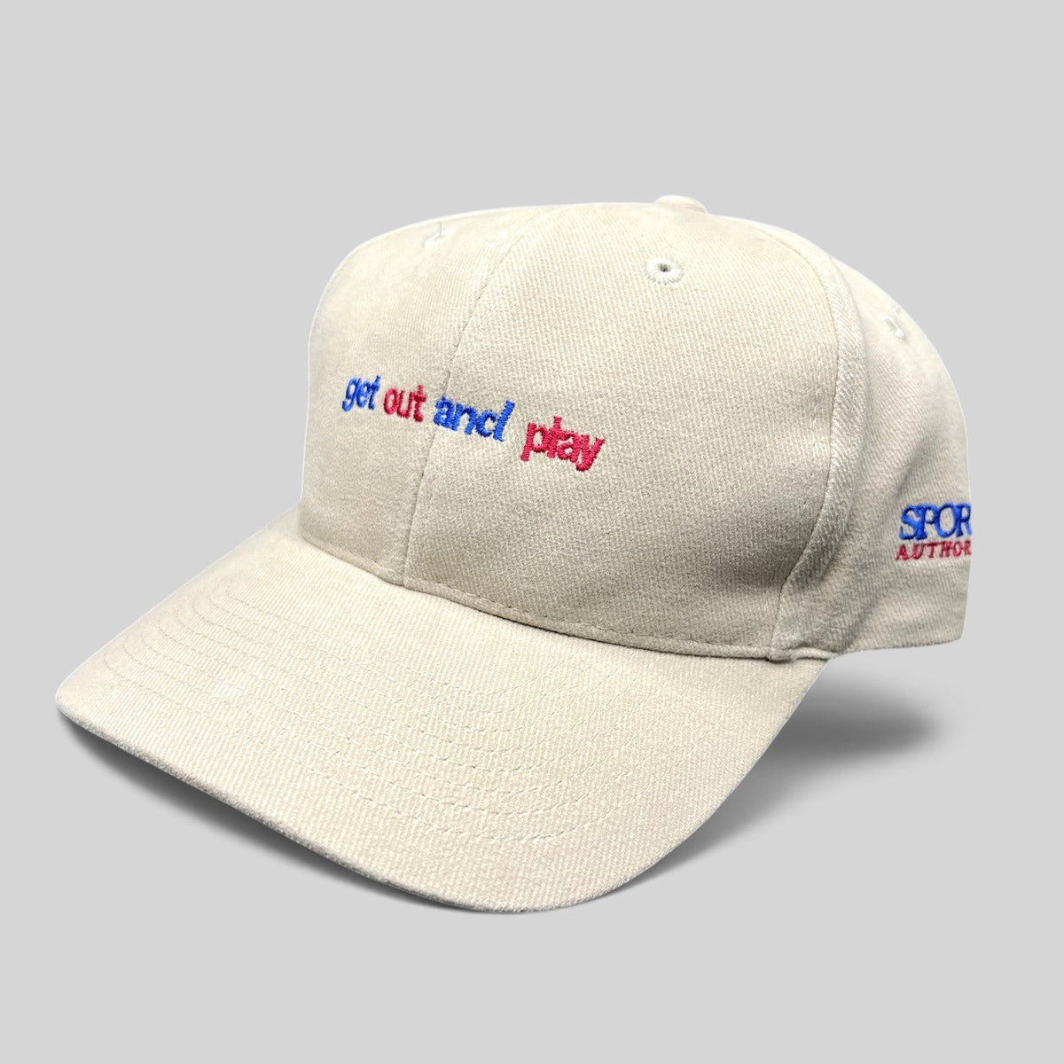 Raree Finds vintage khaki dad hat with red and blue embroidered Get Out And Play slogan and Sports Authority logo