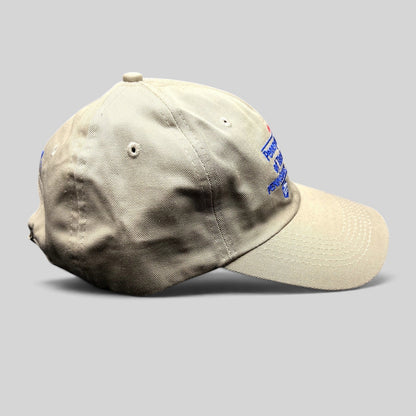 Raree Finds vintage khaki strapback hat with Pennsylvania College of Technology blue and red embroidery