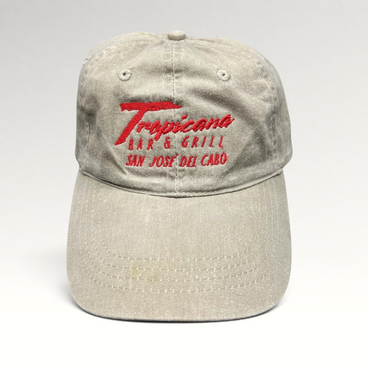 Raree Finds vintage khaki cotton strapback hat featuring red embroidered Tropicana Bar & Grill San Jose Del Cabo logo