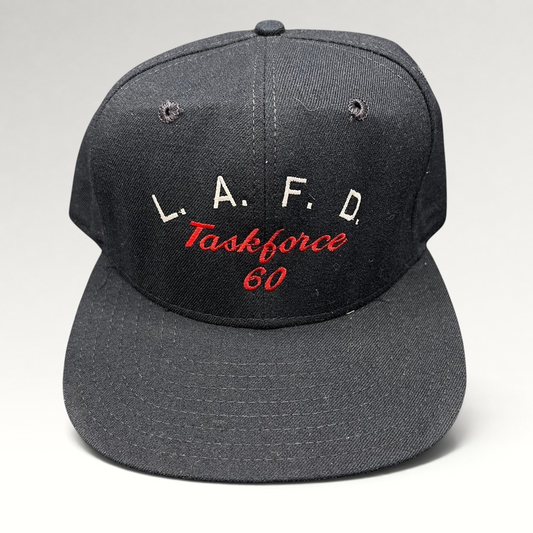 Raree Finds vintage New Era Pro Model LAFD Task Force 60 black snapback hat with red and white embroidered lettering.