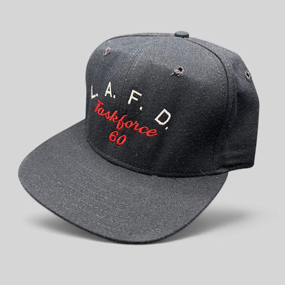 Raree Finds vintage New Era Pro Model black snapback hat with red and white LAFD Task Force 60 embroidery