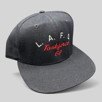 Raree Finds vintage New Era Pro Model black snapback hat with LAFD Task Force 60 red and white embroidery