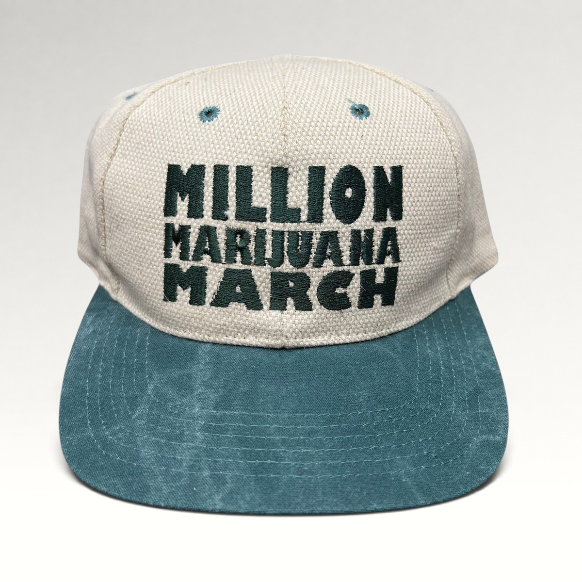 Raree Finds vintage 90s Cameo snapback hat in cream and green with Million Marijuana March embroidered front text