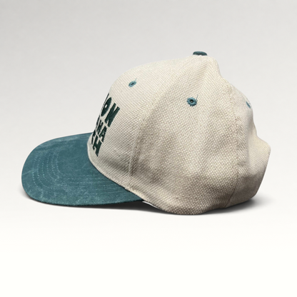 Raree Finds vintage 90s Million Marijuana March snapback hat in cream and green linen blend with embroidered text