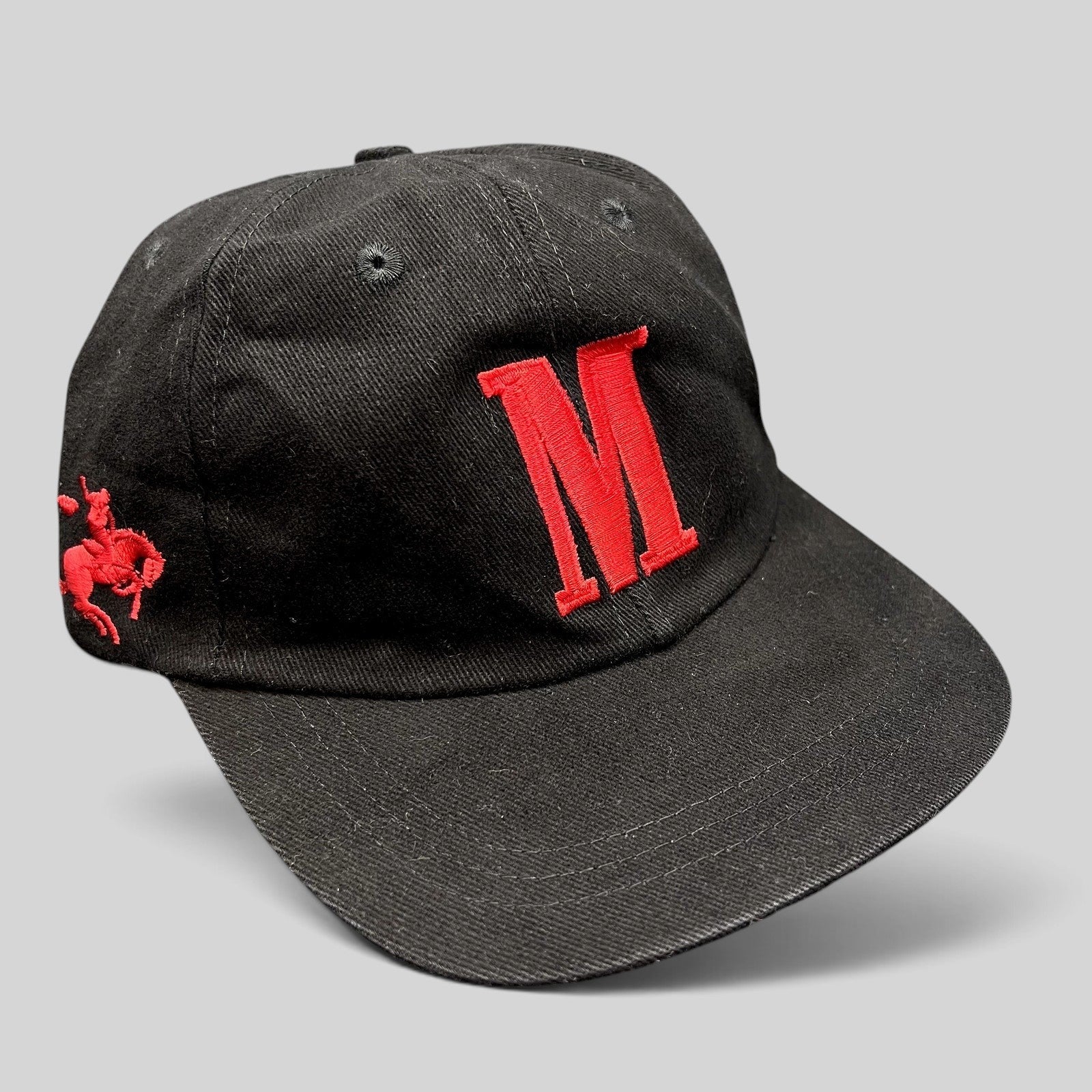 Raree Finds vintage black Marlboro strapback hat with red embroidered M logo and side horse graphic