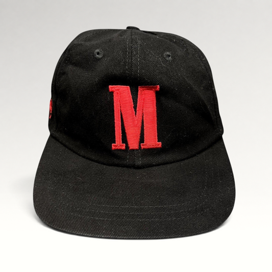 Raree Finds vintage black strapback hat with a large red embroidered M logo on the front and a curved brim.