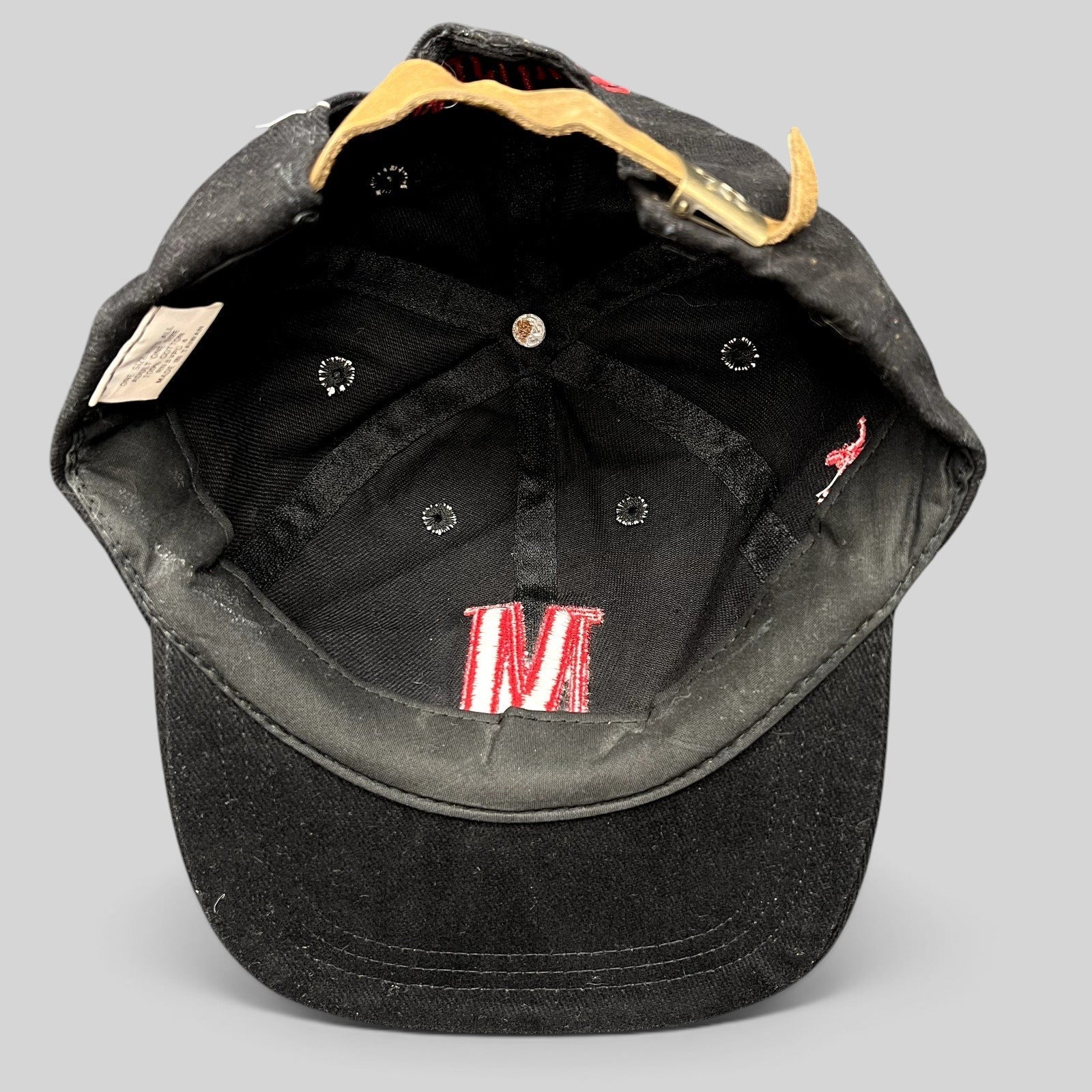 Raree Finds vintage black Marlboro strapback hat with red embroidered M logo and adjustable leather strap interior