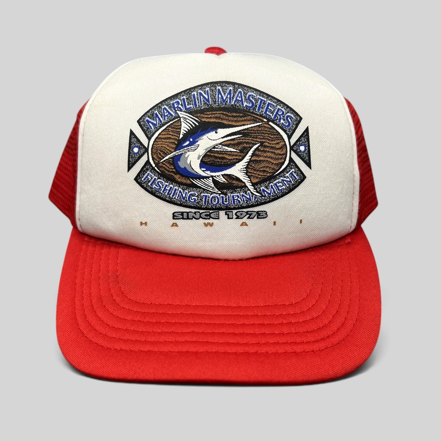 Raree Finds vintage Marlin Masters Hawaii fishing trucker hat with white foam front and red mesh snapback