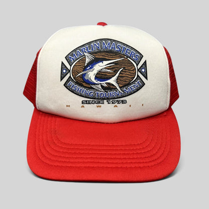 Raree Finds vintage Marlin Masters Hawaii fishing trucker hat with white foam front and red mesh snapback