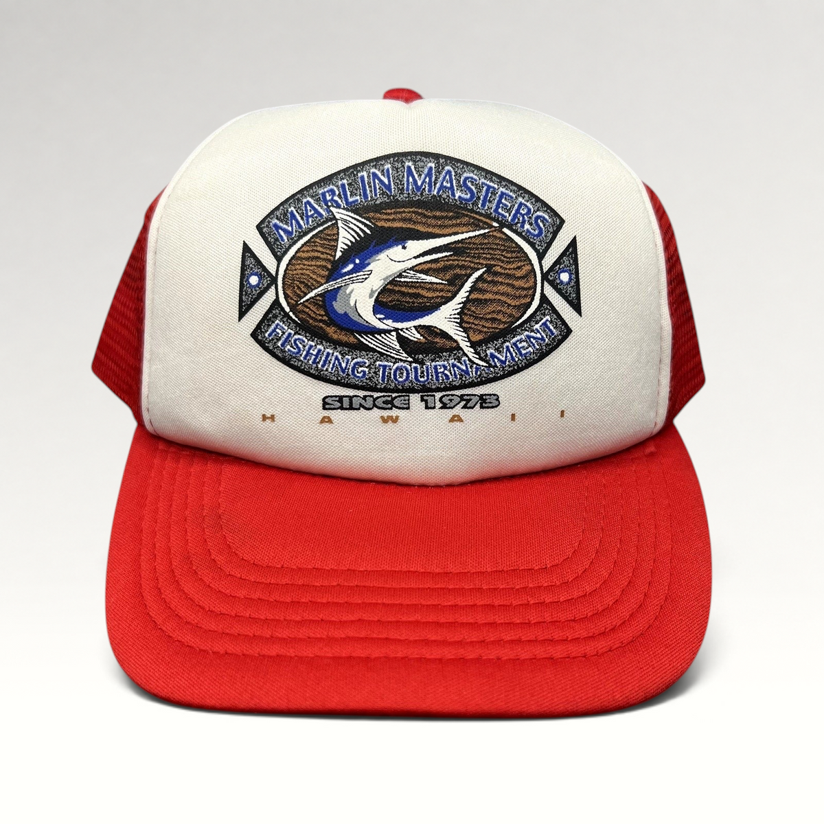 Raree Finds vintage Marlin Masters Hawaii fishing trucker hat with white foam front and red mesh snapback