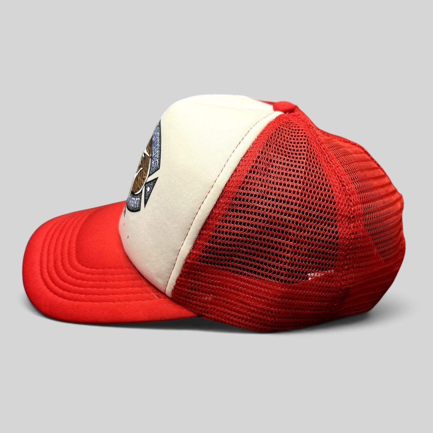 Raree Finds vintage Marlin Masters fishing tournament trucker hat with a white foam front and red mesh back.