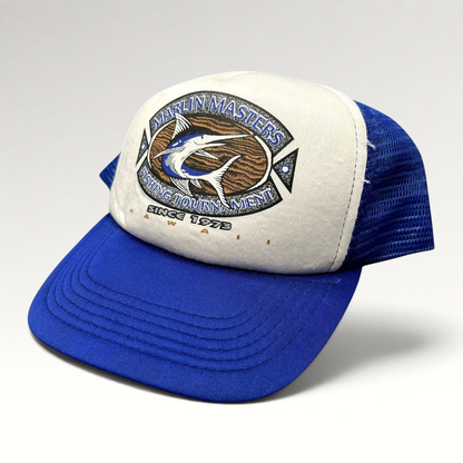Raree Finds vintage Marlin Masters Hawaii fishing tournament snapback trucker hat with blue mesh and white foam front.