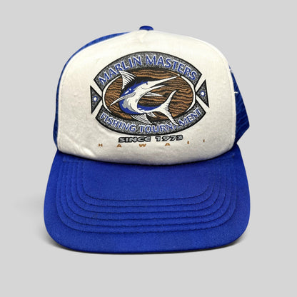 Raree Finds vintage Marlin Masters Hawaii fishing tournament trucker hat with blue mesh and white foam front graphic.