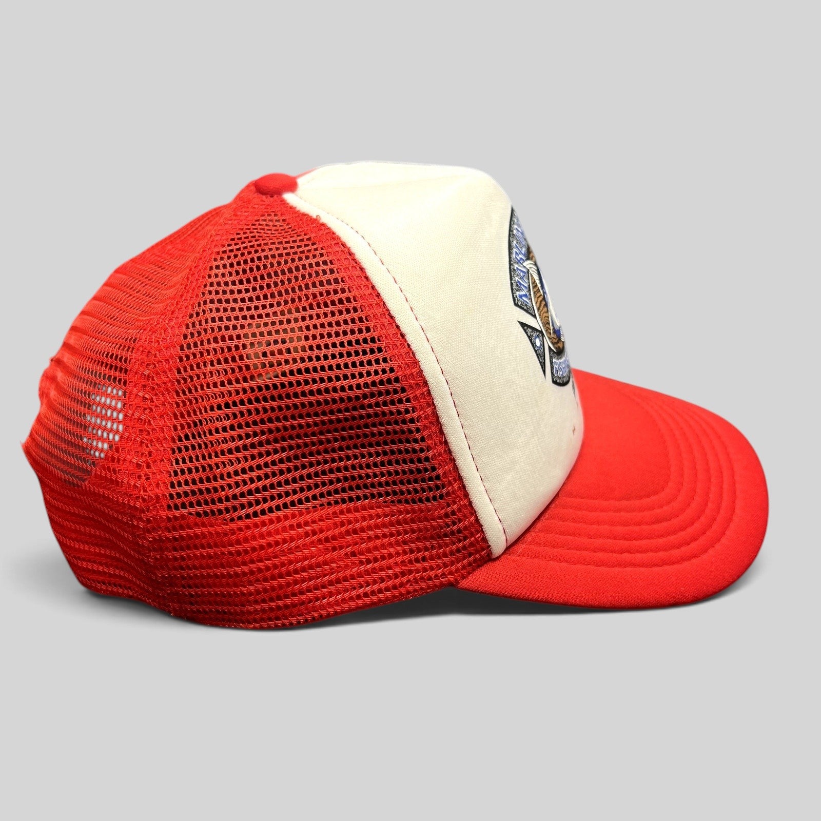Raree Finds vintage Marlin Masters Hawaii trucker hat with white foam front, red mesh back, and snapback closure.