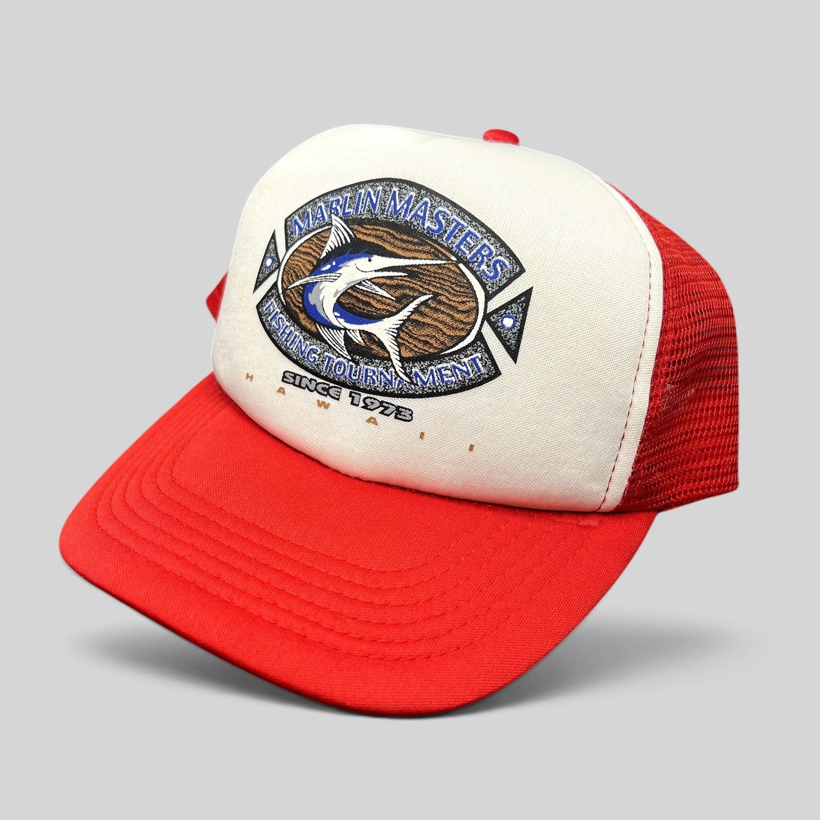 Raree Finds vintage Marlin Masters Hawaii fishing tournament trucker hat with white foam front and red mesh back.