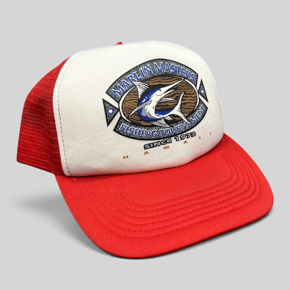 Raree Finds vintage Marlin Masters Hawaii fishing tournament trucker hat with white foam front and red mesh back.