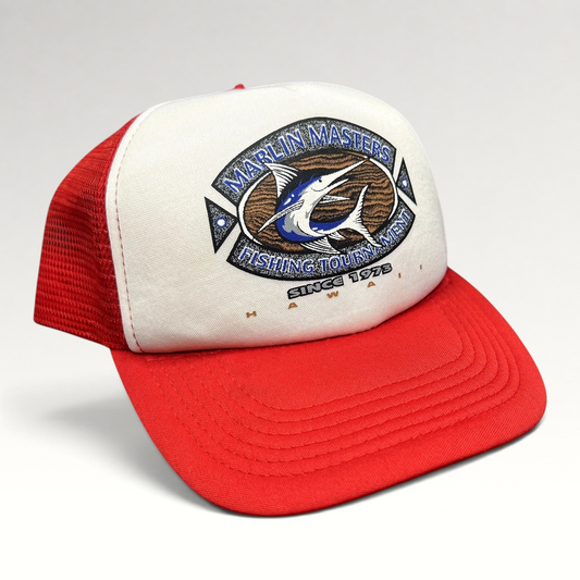 Raree Finds vintage Marlin Masters Hawaii fishing tournament trucker hat with white foam front and red mesh back.