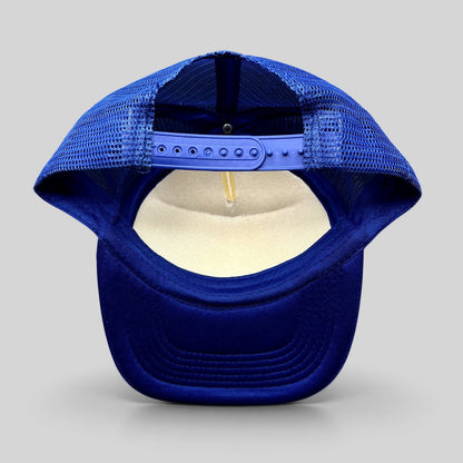 Raree Finds vintage Marlin Masters trucker hat showing the blue mesh back and adjustable snapback closure