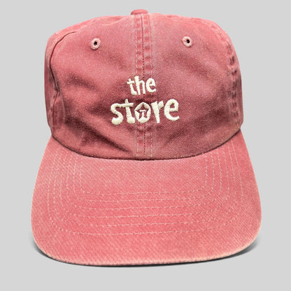 Raree Finds vintage maroon cotton dad cap with white embroidered The Store logo and unstructured strapback design