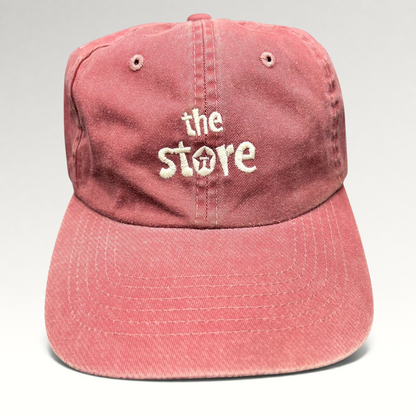 Raree Finds vintage maroon cotton dad cap with white embroidered The Store logo and unstructured strapback design