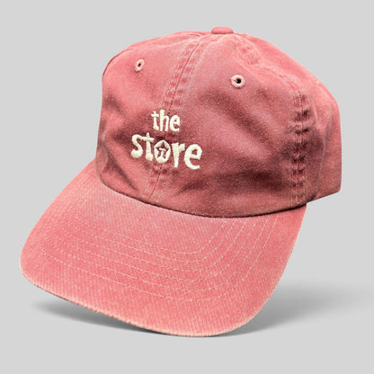 Raree Finds vintage maroon cotton Sportsman dad cap with embroidered The Store logo and adjustable strapback closure.
