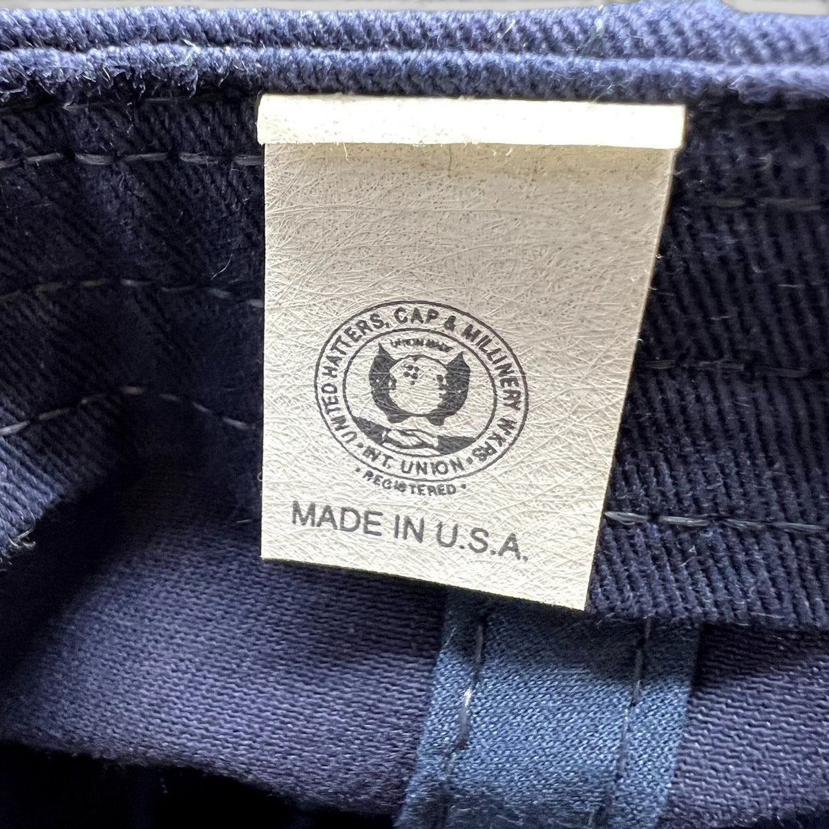 Raree Finds vintage Masters hat interior label showing Made in USA and union made branding on navy blue fabric