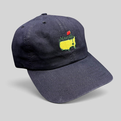 Raree Finds vintage navy blue Masters Tournament strapback hat with embroidered USA map logo and brass buckle