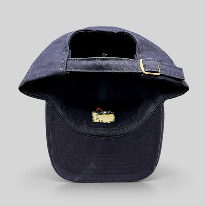 Raree Finds vintage navy blue Masters Tournament strapback hat with brass buckle and interior embroidered logo