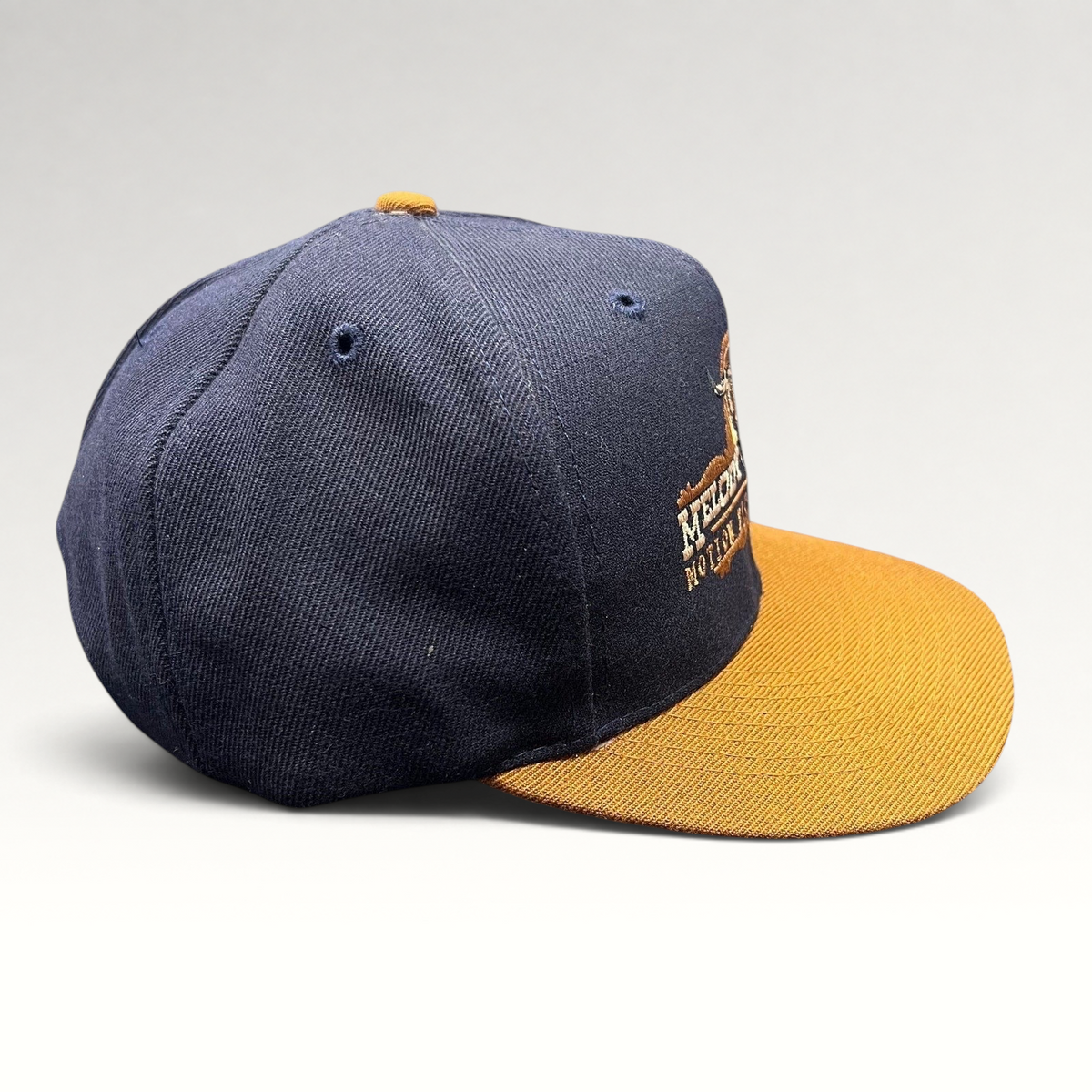 Raree Finds vintage navy and tan snapback hat featuring an embroidered Melody Ranch longhorn skull logo
