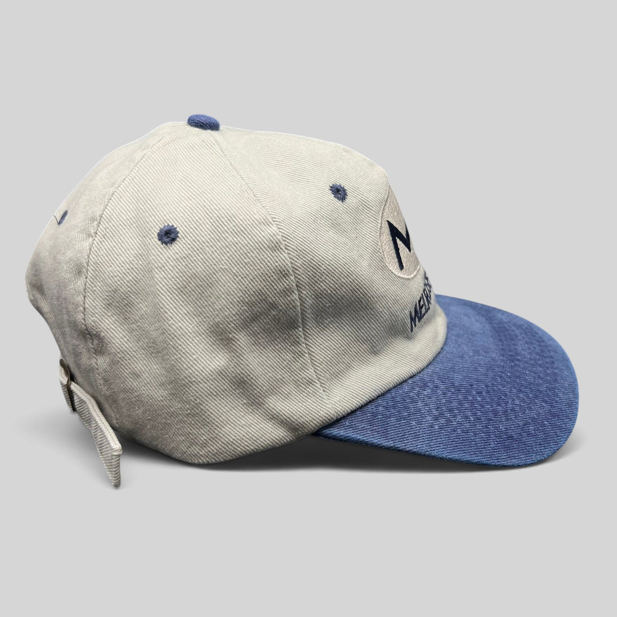 Raree Finds vintage 90s Melrose Place TV promo snapback cap in beige cotton with a blue denim brim and embroidery.