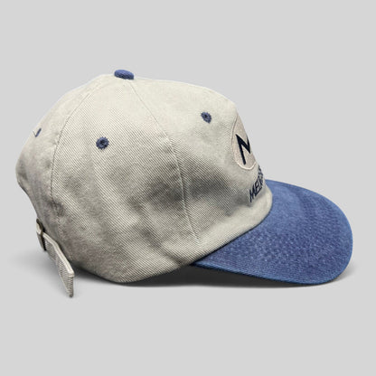 Raree Finds vintage 90s Melrose Place TV promo snapback cap in beige cotton with a blue denim brim and embroidery.