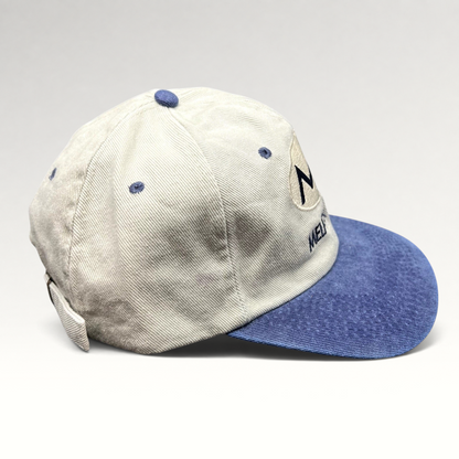 Raree Finds vintage 90s Melrose Place FOX TV show strapback hat with cream crown, blue brim, and embroidered logo.