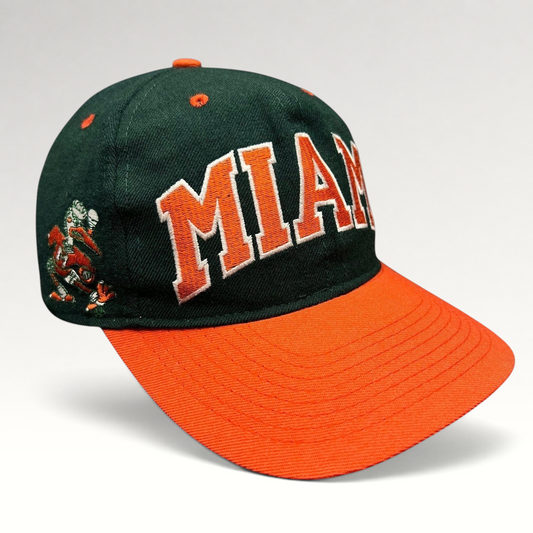 Raree Finds vintage Miami Hurricanes wool fitted hat with green crown, orange brim, and arched Miami embroidery.