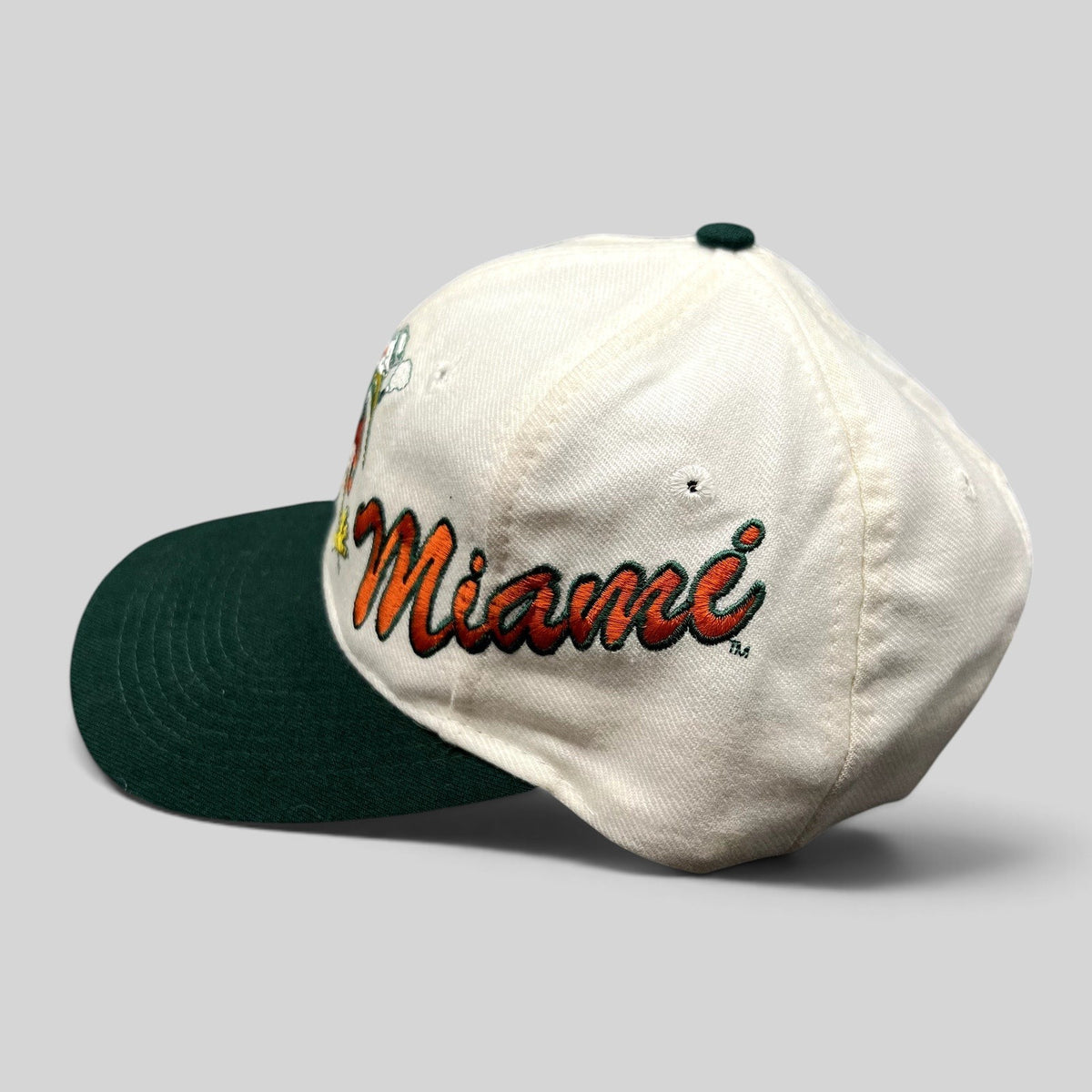 Raree Finds vintage Miami Hurricanes snapback hat with embroidered Sebastian the Ibis mascot and Miami script logo