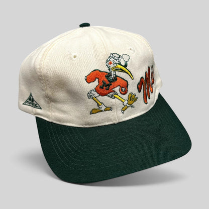 Raree Finds vintage Apex One Miami Hurricanes snapback hat with embroidered Sebastian the Ibis mascot and Miami script